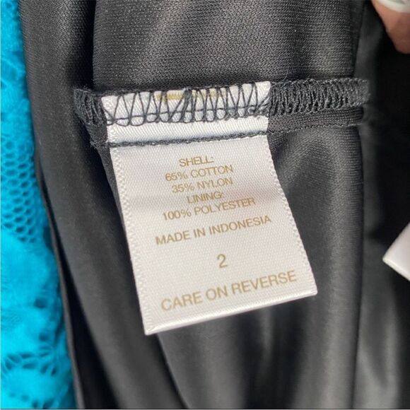 Eva Mendes New York & Co. Lace Sheath Bodycon‎ Dress Teal Black 2 Cap Sleeve - Picture 11 of 11